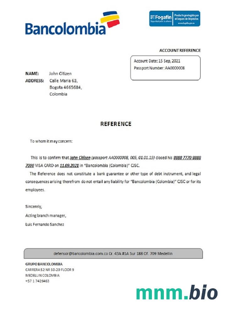 Kolumbia Bancolombia przykład zamknięcia odniesienia w formatach Word i PDF